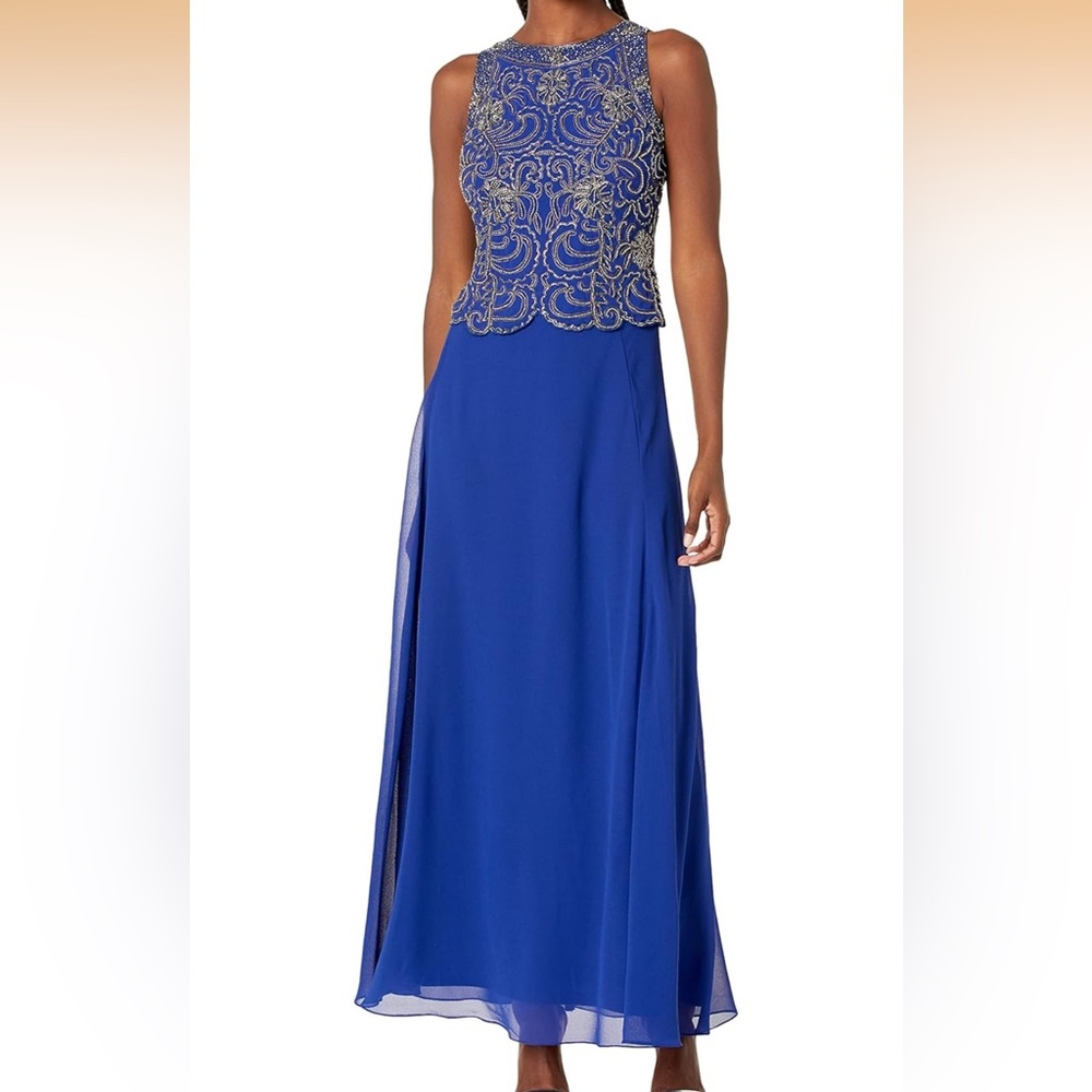 J Kara Scallop Beaded Pop Over Gown in royal blue 16W - Picture 5 of 6